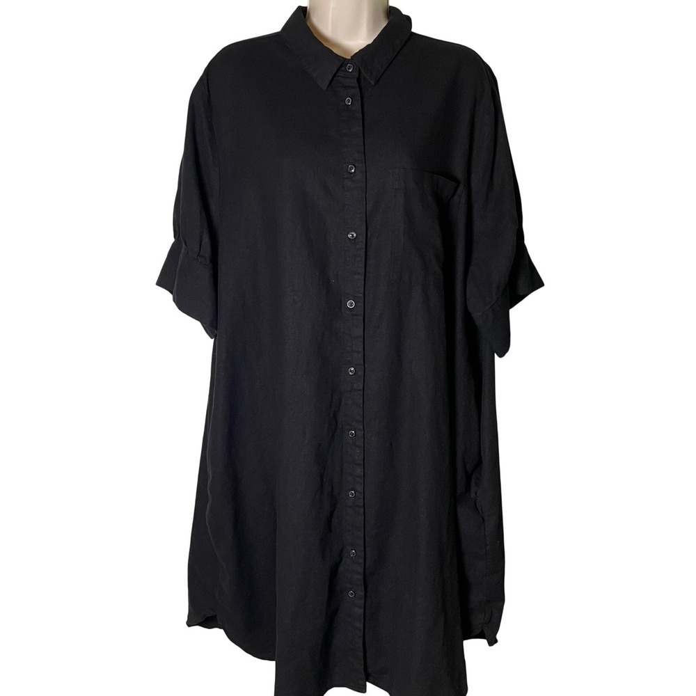 Old Navy Black Linen Blend Button Front Shirt Dress XXL Short Sleeve Pockets